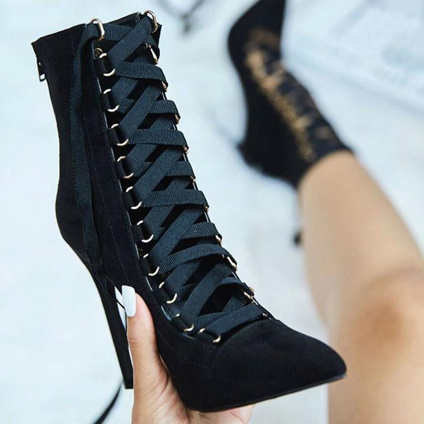 Gladiator Stiletto Booties Pointed Toe Strappy Lace Up Pumps