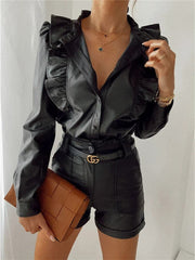 Black PU Leather Ruffle Shirts