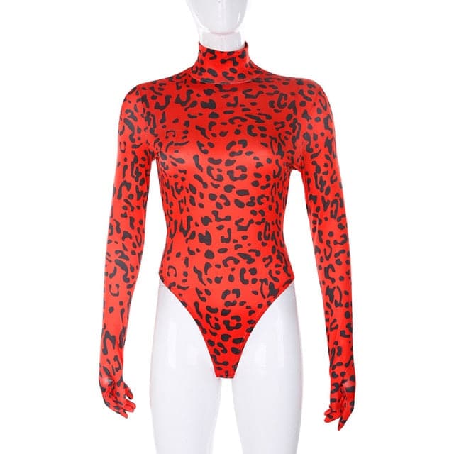 Vintage Red Leopard Print Long Sleeve Skinny Bodysuits