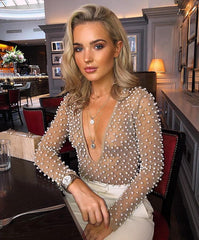Fashion  V Neck Mesh Beading Pearl Bodysuits