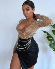 Fashion  V Neck Mesh Beading Pearl Bodysuits
