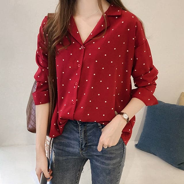 Polka Dot Blouse Shirt Long Sleeve Blouse Korean Female Tops Tunic Clothing Asian Size