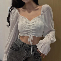 Tops And Bloues  Long Sleeve Square Neck Shirt Drawstring Off Shoulder Blouse Crop Top