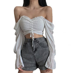 Tops And Bloues  Long Sleeve Square Neck Shirt Drawstring Off Shoulder Blouse Crop Top