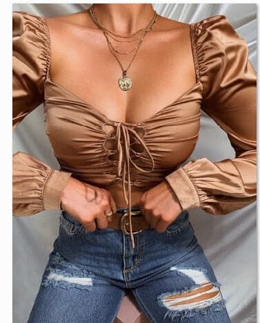 Shirts OL Elegant Fall Tie Front Tops Blouses Shirts Fall Square Collar Puff Long Sleeve Vintage Lace-up Shirt Tops