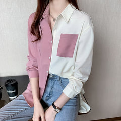 Korean Clothing Women's Tops and Blouses OL Style Loose Blouse Shirts POLO Collar Long Sleeve Patchwork Casual Pink