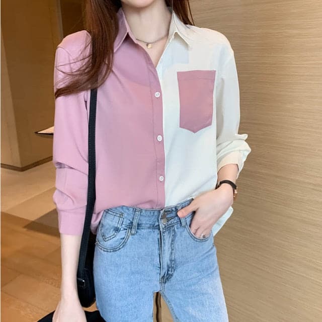 Korean Clothing Women's Tops and Blouses OL Style Loose Blouse Shirts POLO Collar Long Sleeve Patchwork Casual Pink