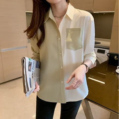 Korean Clothing Women's Tops and Blouses OL Style Loose Blouse Shirts POLO Collar Long Sleeve Patchwork Casual Pink