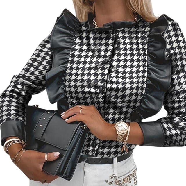 Leather Blouse Long Sleeve Round Collar Shirts