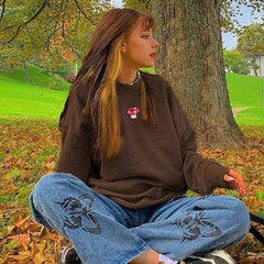 Y2K Aesthetics Mushroom Embroidery Oversized Sweatshirts Vintage Brown Crewneck Long Sleeve Top 2000s Fashion Streetwear