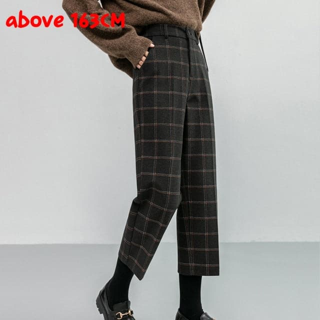 Woolen Plaid Autumn Winter Women's High Waist Formal Straight Pants Loose Ankle-Length Pants Female Boots Pants Plus Size