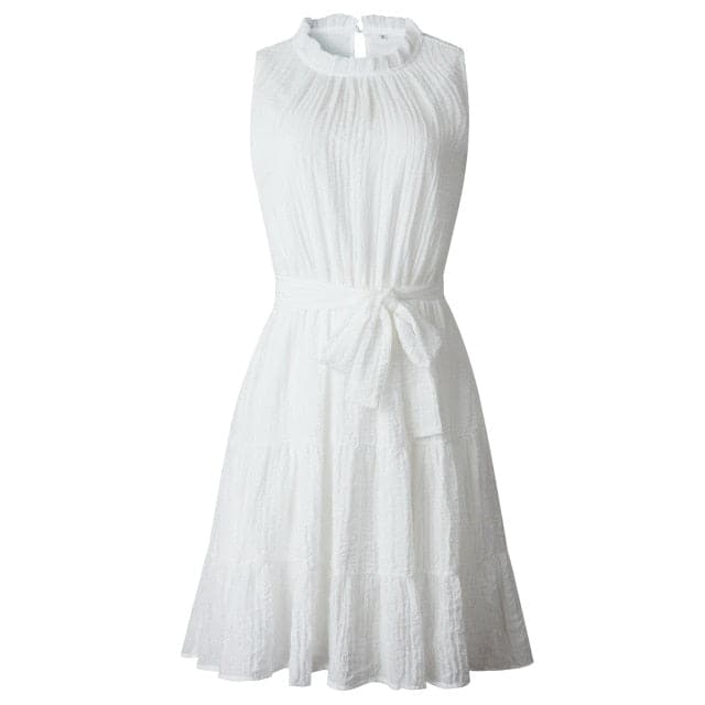 Sleeveless Sweet Pleated Pure Color Sashes Dress