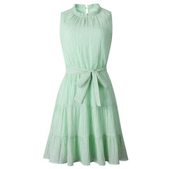 Sleeveless Sweet Pleated Pure Color Sashes Dress