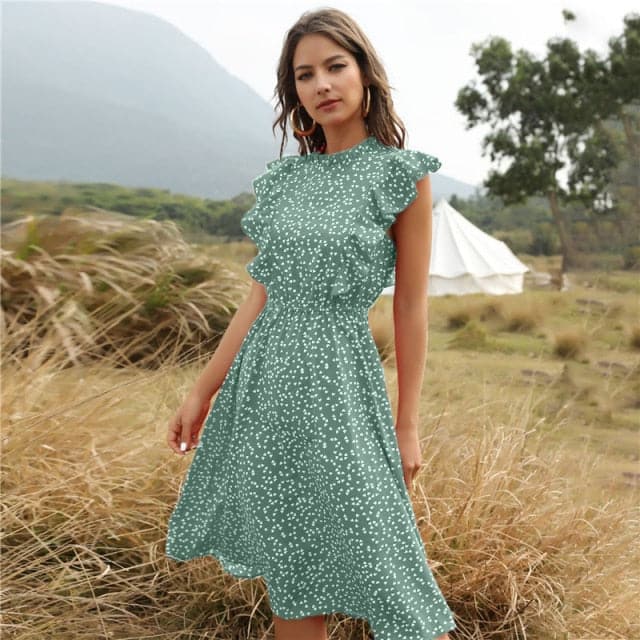 Elegant Heart Dot Sleeve Ruffles Medium Dress