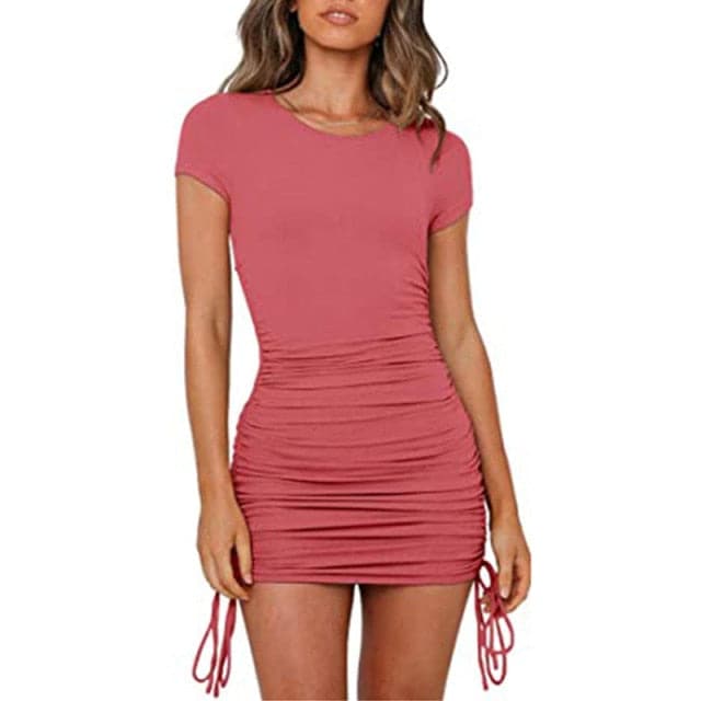 Summer Party Basic Dresses Ladies Short sleeve Womens Solid Bodycon Stretch Mini Dress O Neck Casual Slim Pencil Short