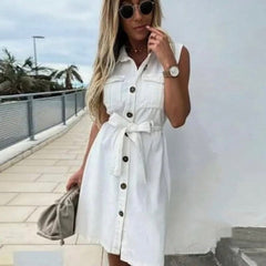 Vintage Front Button Sashes Sheath Party Dress Sleeveless Turn Down Collar Casual Mini Dress Summer Fashion New Dress