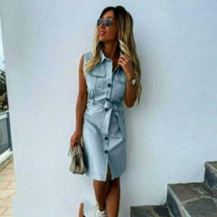 Vintage Front Button Sashes Sheath Party Dress Sleeveless Turn Down Collar Casual Mini Dress Summer Fashion New Dress