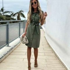 Vintage Front Button Sashes Sheath Party Dress Sleeveless Turn Down Collar Casual Mini Dress Summer Fashion New Dress