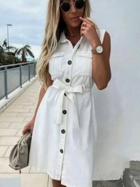 Vintage Front Button Sashes Sheath Party Dress Sleeveless Turn Down Collar Casual Mini Dress Summer Fashion New Dress