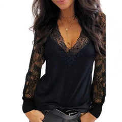 Female Tops Pullover  Deep V Neck Lace Trim See Through Long Sleeve Blouse Top Blouse Solid Vintage Blouse Shirts
