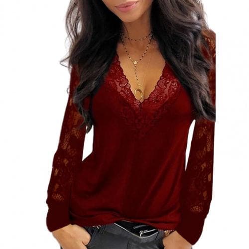 Female Tops Pullover  Deep V Neck Lace Trim See Through Long Sleeve Blouse Top Blouse Solid Vintage Blouse Shirts
