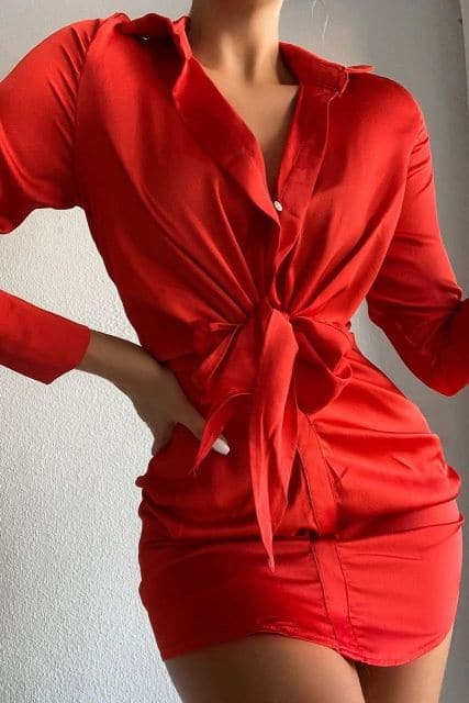 V-neck Soft Silk Satin Dress Spring Long Sleeve Collect Waist tie knot Mini Short Dress Elegant Lady Office Dresses