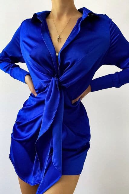 V-neck Soft Silk Satin Dress Spring Long Sleeve Collect Waist tie knot Mini Short Dress Elegant Lady Office Dresses