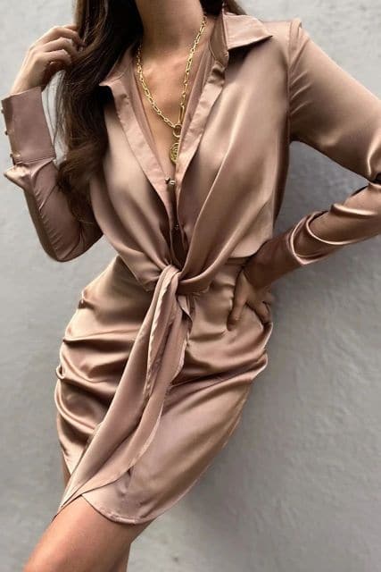 V-neck Soft Silk Satin Dress Spring Long Sleeve Collect Waist tie knot Mini Short Dress Elegant Lady Office Dresses