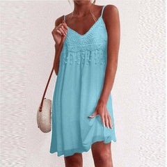 V-Neck Strap Open White Lace Sleeveless Loose Elegant Mini Dress