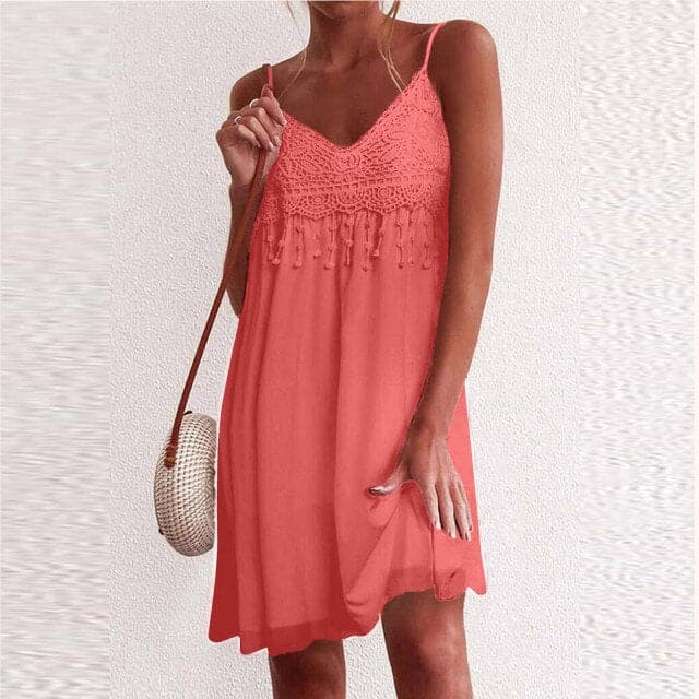 V-Neck Strap Open White Lace Sleeveless Loose Elegant Mini Dress