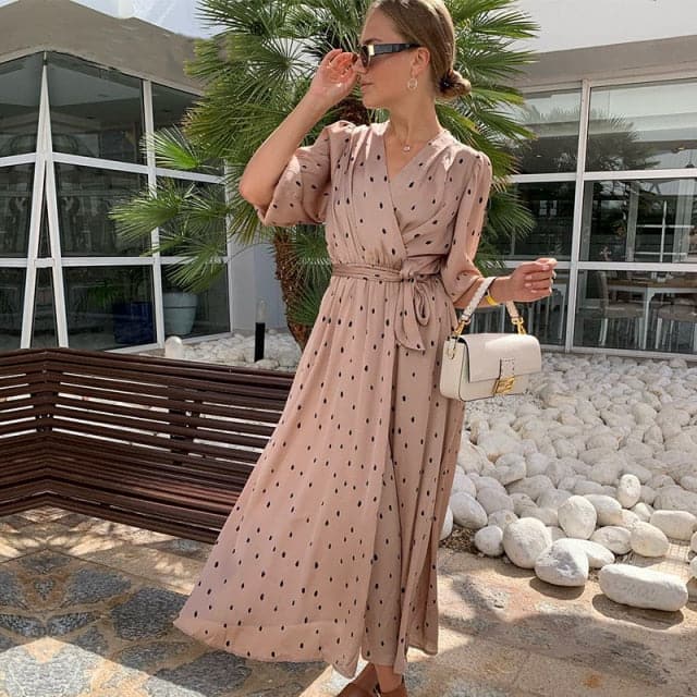 Elegant Polka Dot Wrap Puff Sleeve Dress