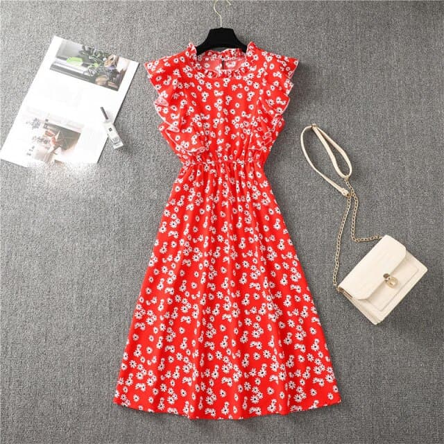 Elegant Heart Dot Sleeve Ruffles Medium Dress