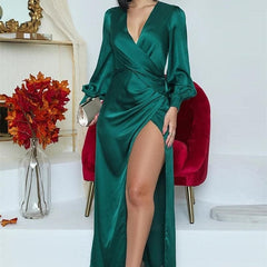 Elegant Long Sleeve V Neck  Maxi Dress