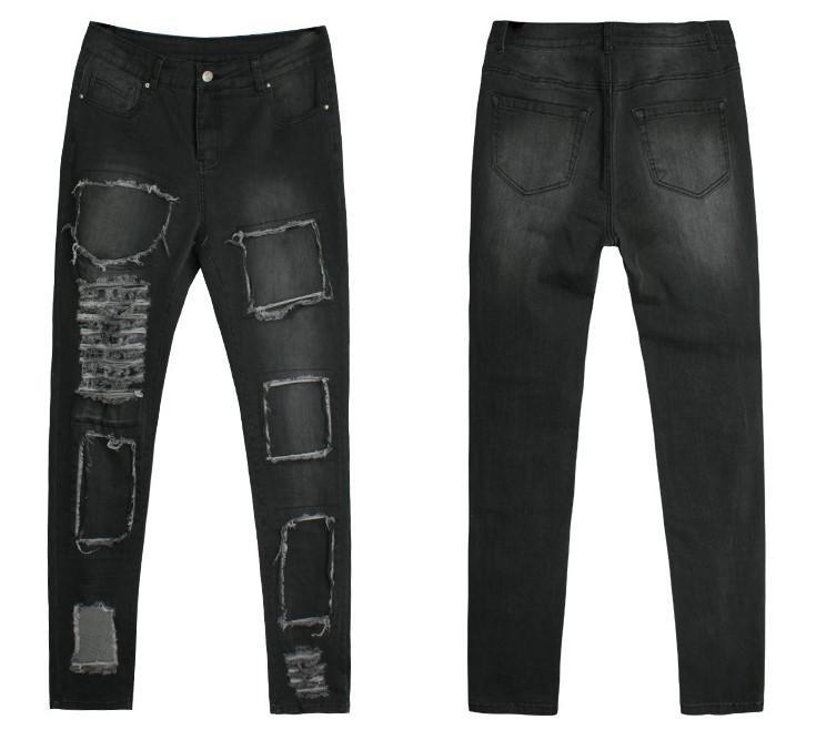 High Street Faded Denim Black Ripped Skinny Stretch Jeans