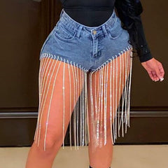 Fashion  Tassel Jeans Decorative Chain Jeans Shorts Casual High Waist Club Denim Shorts