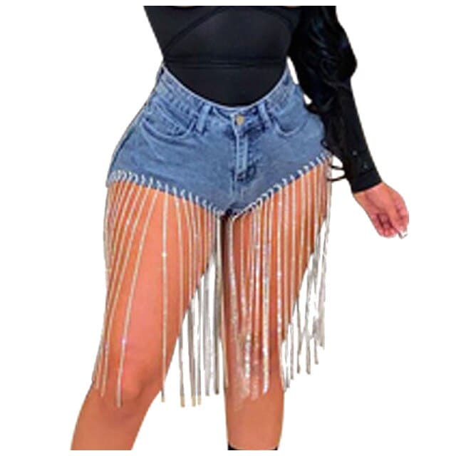 Fashion  Tassel Jeans Decorative Chain Jeans Shorts Casual High Waist Club Denim Shorts