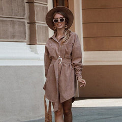 Corduroy Casual Turn-down Collar Slim Mini Dress