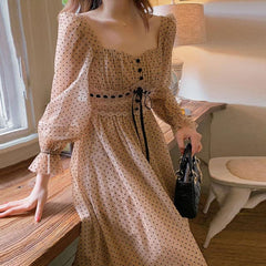 French Vintage Midi Dress Puffer Sleeve Square Collor Office Elegant Dress Female Autumn Dot One Piece Dress Korean