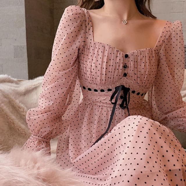 French Vintage Midi Dress Puffer Sleeve Square Collor Office Elegant Dress Female Autumn Dot One Piece Dress Korean