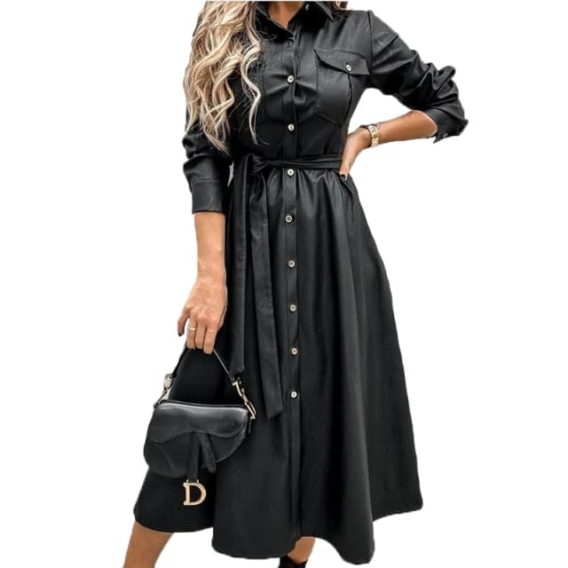 Office Lady PU A line Solid Turn Down Collar Single Breasted Sashes Black New Autumn Casual Party Chic Long Dress