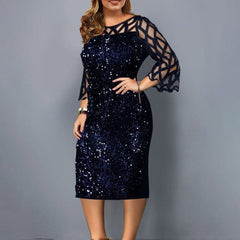 Fashion  Large Size Round Neck Solid Color Mesh Stitching Long-sleeved See-through Sequin Dress