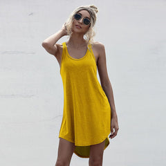 Plus Size Casual O-neck Sleeveless Tank Dress Summer Loose Off Shoulder Asymmetrical Cotton Mini Dress Woman Streetwear