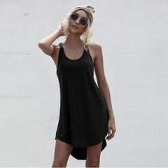 Plus Size Casual O-neck Sleeveless Tank Dress Summer Loose Off Shoulder Asymmetrical Cotton Mini Dress Woman Streetwear