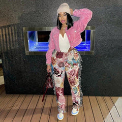 Tassel Patchwork Striped Print Jogger Pant Rave Festival Clothing Summer Casual High Waist Bodycon Active Sweat Pants