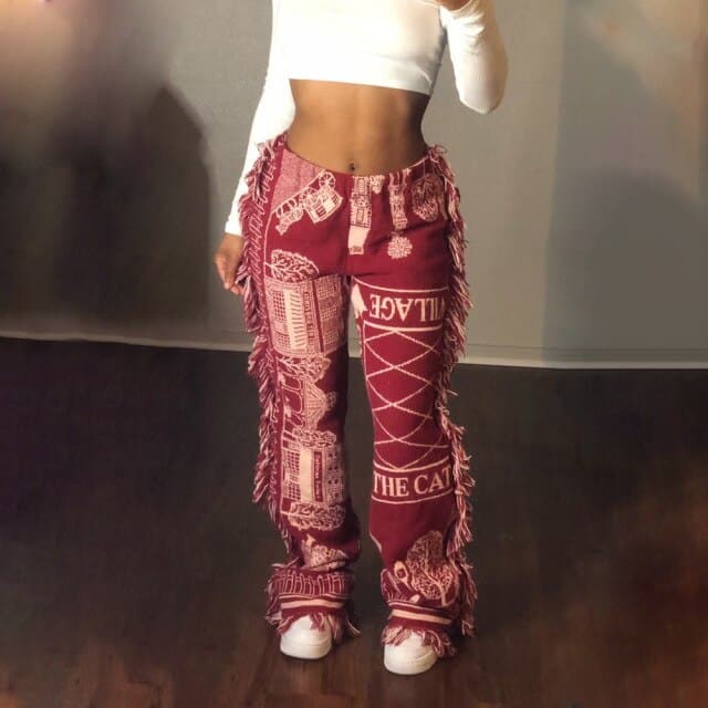 Tassel Patchwork Striped Print Jogger Pant Rave Festival Clothing Summer Casual High Waist Bodycon Active Sweat Pants