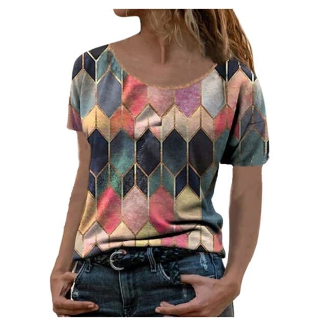 Fashion Vintage Blouses Shirt Elegant Round-neck Patchwork Retro Print Short Sleeves Shirt Warm Shirt Blouse Tops