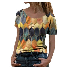 Fashion Vintage Blouses Shirt Elegant Round-neck Patchwork Retro Print Short Sleeves Shirt Warm Shirt Blouse Tops