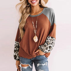 Leopard Patchwork Sweatshirt Woman Casual Loose Long Sleeve O-Neck Aesthetic Streetwear Fashion Autumn Pullover Elegant Clothes