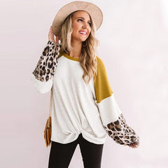 Leopard Patchwork Sweatshirt Woman Casual Loose Long Sleeve O-Neck Aesthetic Streetwear Fashion Autumn Pullover Elegant Clothes