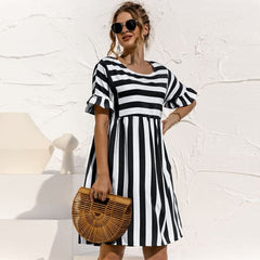 Cute Loose Striped Print Ruffles Sleeves Dresses